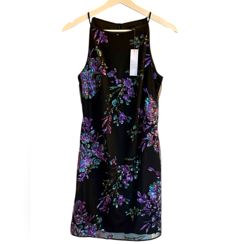 NWT White House Black Market Black and Purple Sequined Floral Mini Dress Size 0